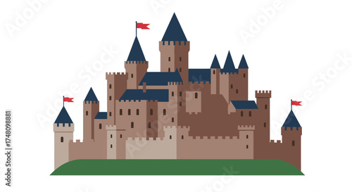 Medieval castle illustration fortress with towers flags and turrets