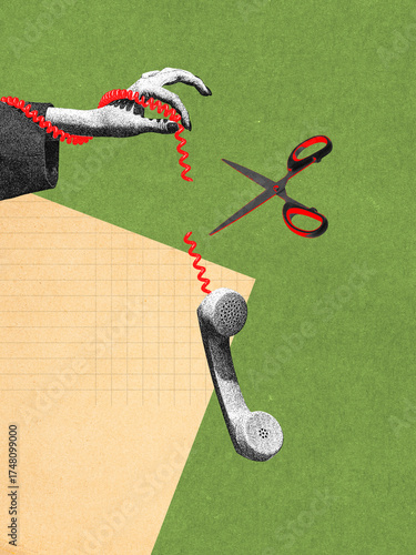 Obraz na plátně Surreal collage of cut phone connection with scissors and hand on green background