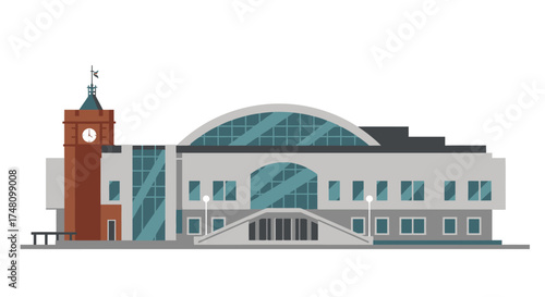 Modern architectural illustration commercial building exterior with clock tower