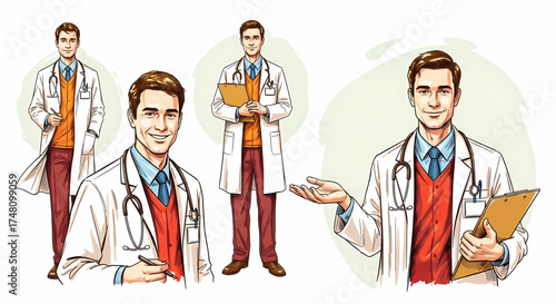Friendly male doctor illustrations showing various poses, ready to help patients and provide medical advice in a professional and caring manner, great for healthcare marketing