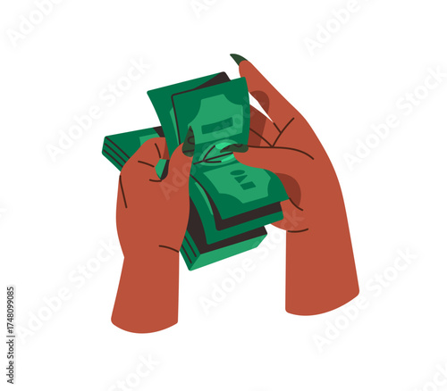 Female hands count wad of money. Rich woman holds stack of paper bills. Person pays with green banknotes, cash clip. Currency, payment, financial savings. Flat isolated vector illustration on white.