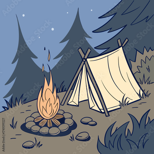Night Camping Scene with Campfire and Tent in a Forest