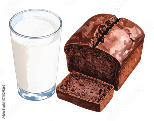 チョコケーキと牛乳の水彩風イラストセット　生成AI