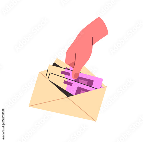 Human hand with cash salary in envelope. Person saves up money to pay debts. Euro bills, banknotes for gift. Concept of corruption, bribe. Flat isolated vector illustration on white background.