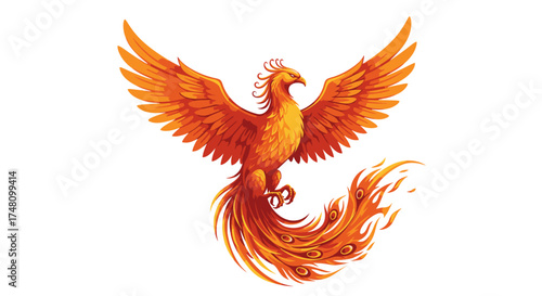 Mythical phoenix bird with fiery wings and tail isolated on white background