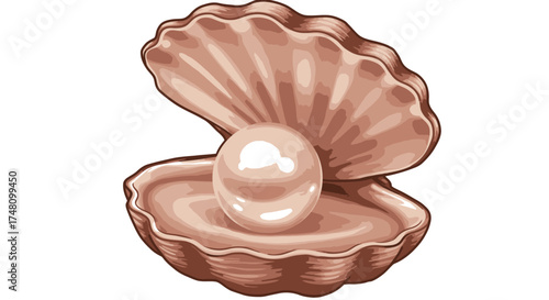 Open clam shell reveals single pearl illustration isolated on white background