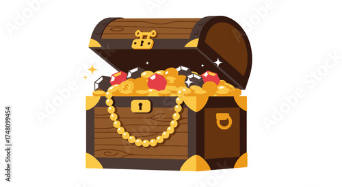 Open treasure chest filled with gold coins gems and jewels isolated