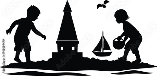  Children playing on the beach, building sandcastles, near sailboats and lighthouse, summer vacation fun, silhouette vector