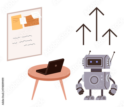 Cute robot beside a table with laptop and bulletin board, arrows showing upward growth. Ideal for technology, innovation, automation, brainstorming, progress, future trends, simple flat metaphor