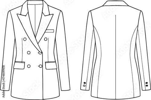 Flat fashion sketch of women’s double breasted blazer with peak lapel, front and back view, button detail, pocket design