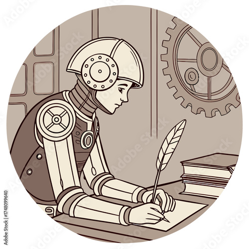 Sepia-toned Illustration of a Steampunk Robot Writing at a Desk
