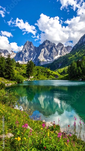 Serene alpine lake nestled amongst towering peaks, reflecting a vibrant sky. Lush green vegetation borders the tranquil water