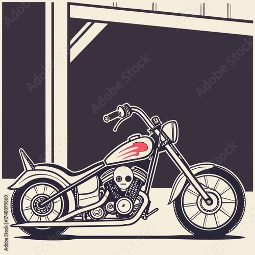 Vintage Chopper Motorcycle Illustration with Skull Detail