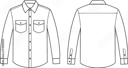  Long sleeve shirt cad drawing, front and back view, button down shirt with pockets, fashion flat sketch
