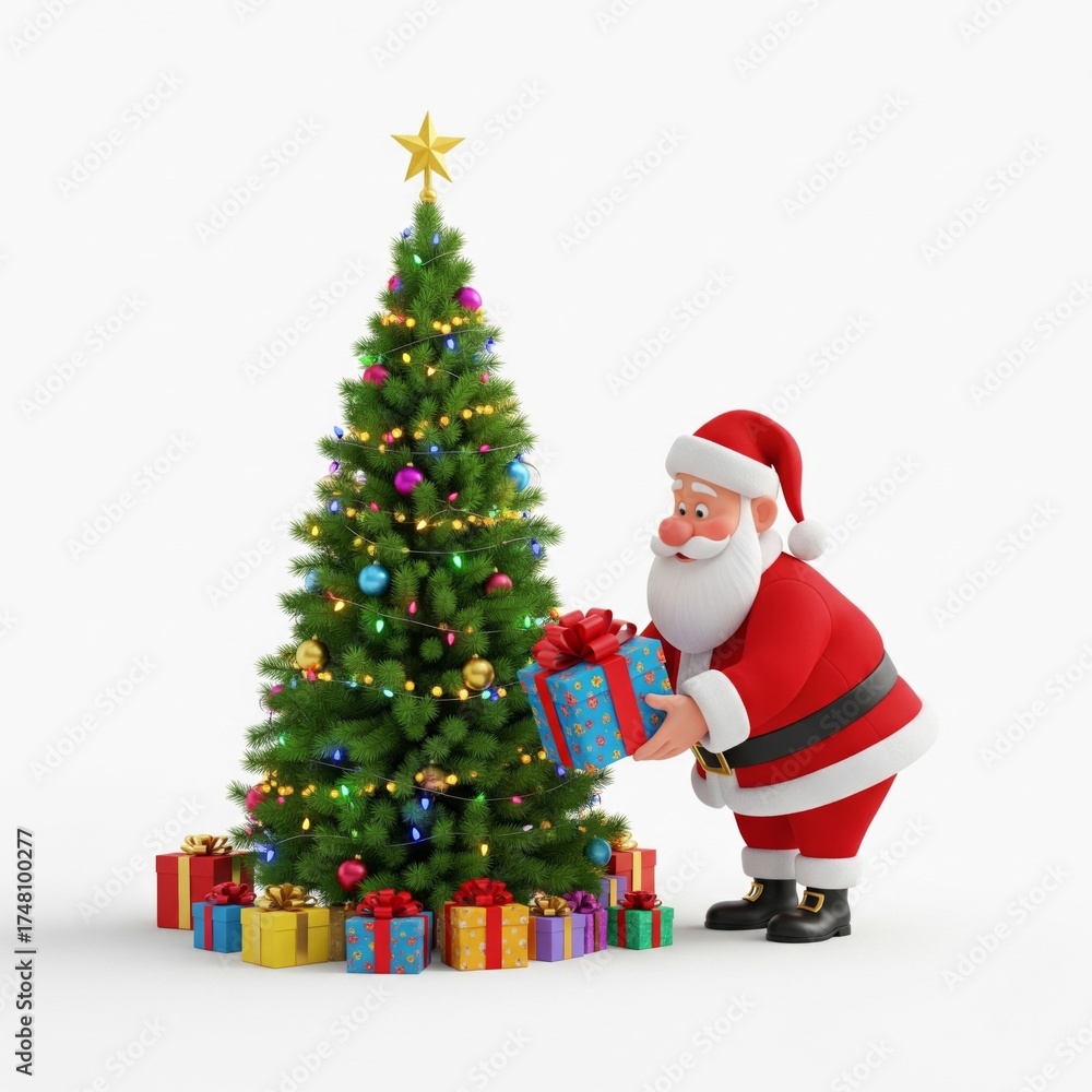 Fototapeta premium Santa Claus placing Gift near Decorated Christmas Tree on White Background
