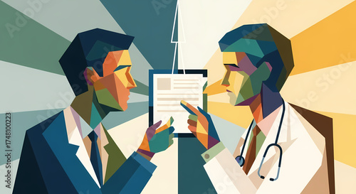 Striking healthcare collaboration showing doctor and businessman reviewing medical records in a modern abstract style great for hospital branding or health campaigns
