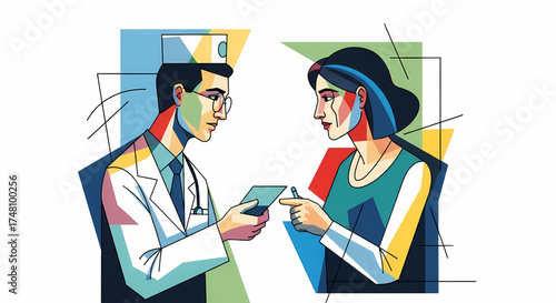 Caring doctor providing prescription to patient with empathy and expertise, offering healthcare and medical assistance in a modern, professional style