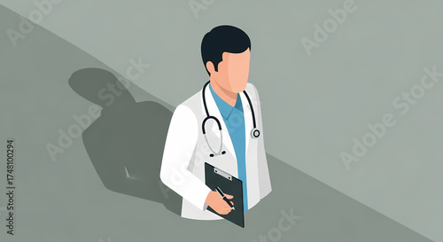 Confident doctor ready to help, wearing a white coat and holding a clipboard, conveys trust and competence in a modern medical setting for healthcare campaigns