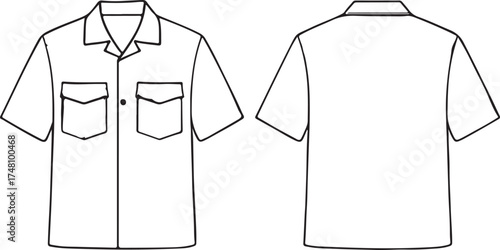 Short sleeve shirt technical flat sketch, front and back view, button front design, collar, chest flap pockets, vector CAD drawing