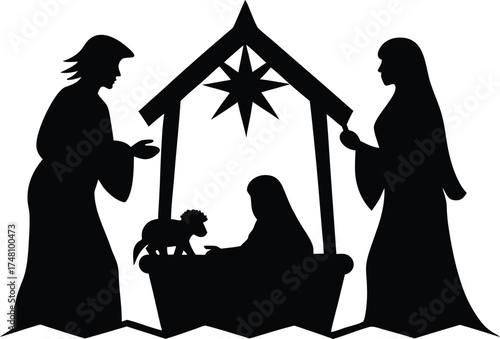 Silhouette nativity scene illustration with Mary, Joseph, and baby Jesus in manger, holy family Christmas vector design, Christian religious artwork