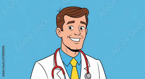 Friendly cartoon doctor with a warm smile, ideal for healthcare marketing, medical education, or children's health campaigns; conveying trust and expertise