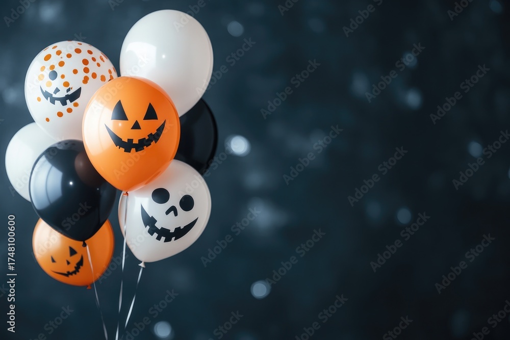 Naklejka premium Spooky halloween balloons with jack-o'-lantern faces and festive bokeh background