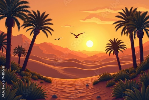 Escape to a Tranquil Desert Oasis: Sunset Adventure amidst Sand Dunes, Palms and Luxury Relaxation