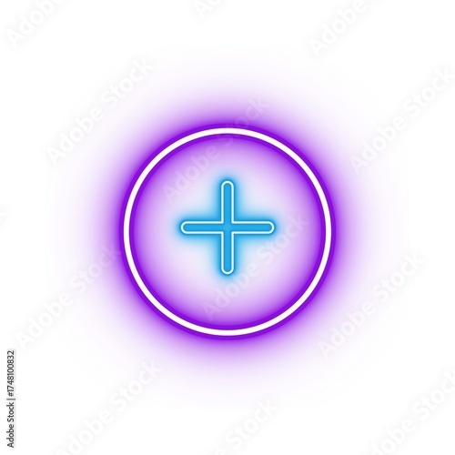 Glowing neon plus sign inside a purple circle