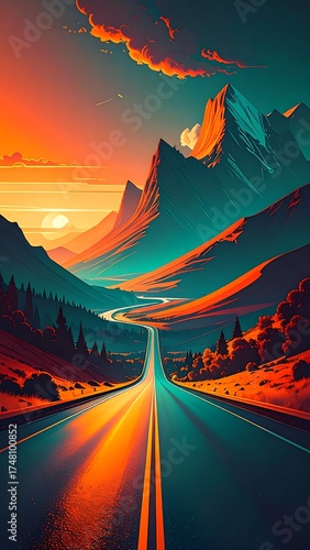 A winding road through vibrant mountains at sunset