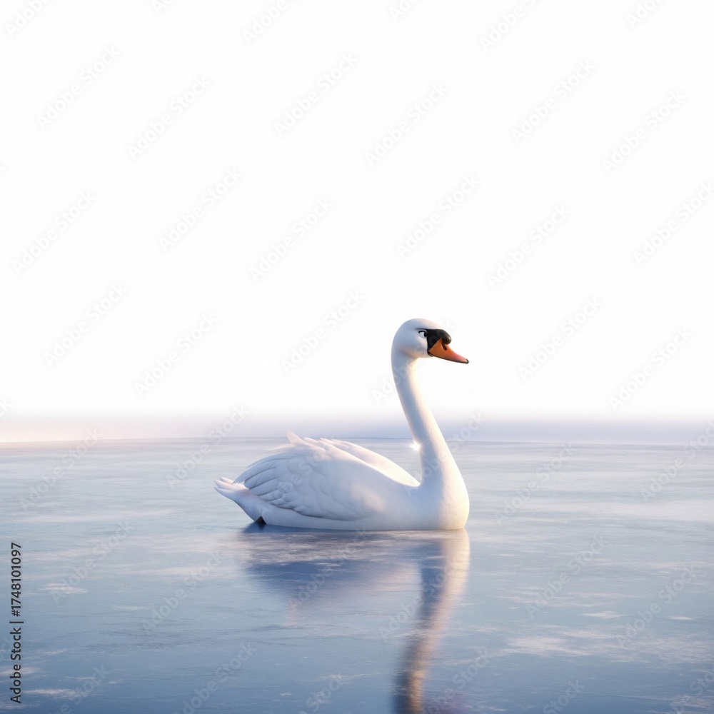 Obraz premium Elegant White Swan on Pale Blue Frozen Lake Under Bright Sunlight
