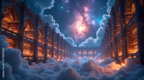 Fantasy cosmic library floating among stars, glowing bookshelves with radiant manuscripts, nebula clouds swirling around