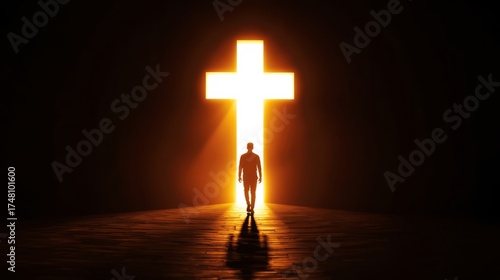 A silhouetted figure walking toward a brilliantly illuminated cross-shaped opening or doorway of cross, Christianity, faith