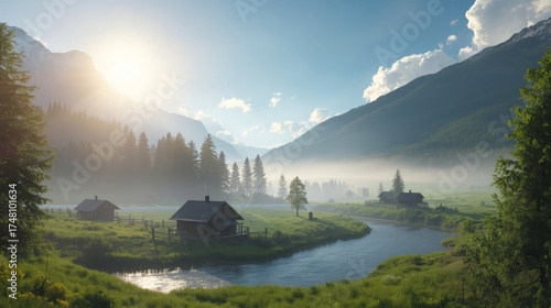 A ultra-realistic morning scene set in a peaceful mountain valley. The sun is shining brightly from above, casting warm golden light over the landscape