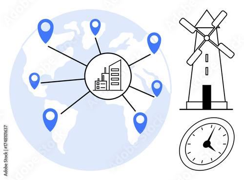World map with location markers linking to a central building, windmill for renewable energy, and clock. Ideal for global trade, sustainability, logistics, renewable energy, time efficiency, business