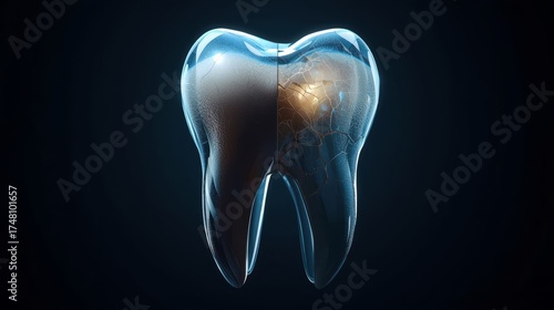 Human tooth, half of it covered with a glossy, transparent protective shield that shines with a faint inner light