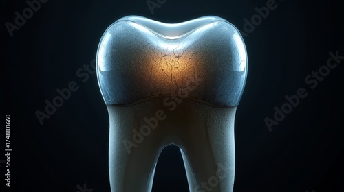 Human tooth, half of it covered with a glossy, transparent protective shield that shines with a faint inner light