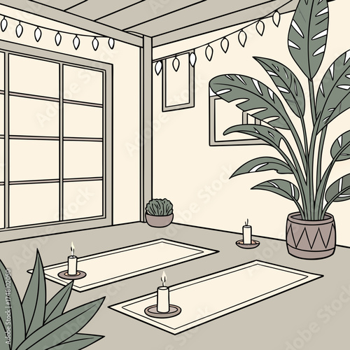 Vector art of yoga studio with mats and plants