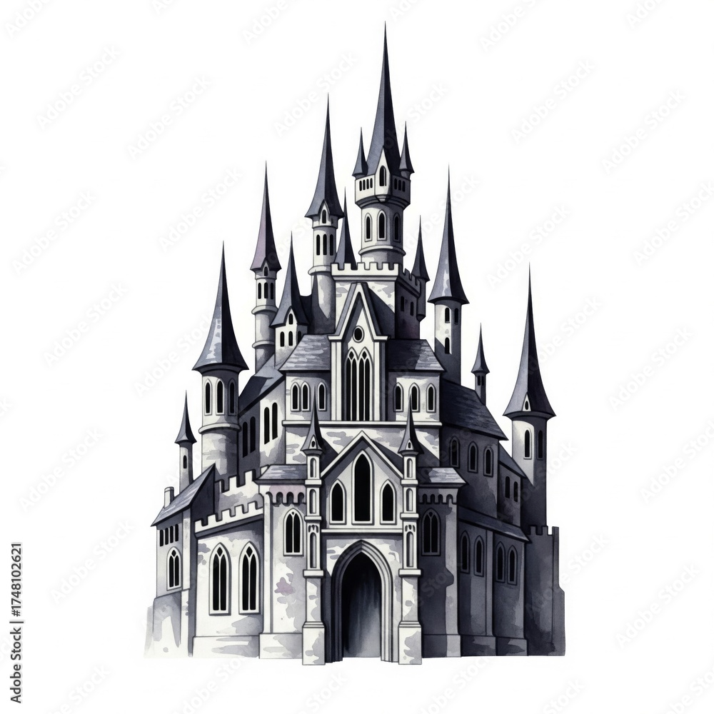 Fototapeta premium Detailed Gray Stone Castle with Multiple Towers Against a White Background