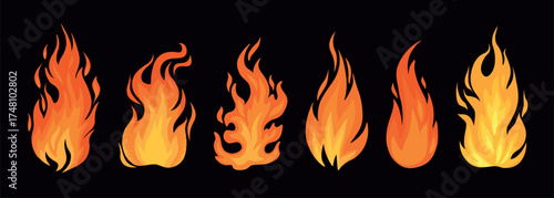 Cartoon fire. Flame of infernal fireballs, red and yellow campfire, hot wildfire and bonfire, burn power. Hellfire, burning icons isolated vector set. Fireplace or camping activity