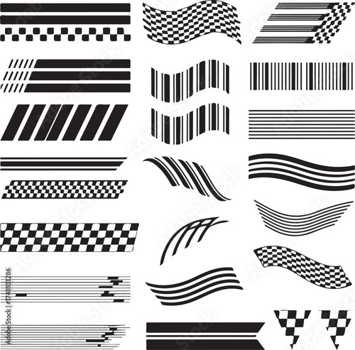 Racing stripe and checkered flag vector collection. Dynamic black shapes representing speed and motion, perfect for automotive graphics, car decals, motorsport logos, and racing design themes..