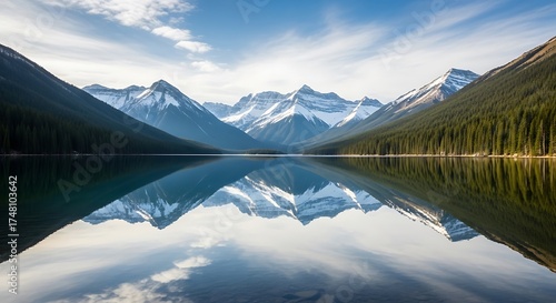 A serene mountain range reflected in the calm waters of a lake, surrounded by lush green forests under a clear blue sky in banff, canada