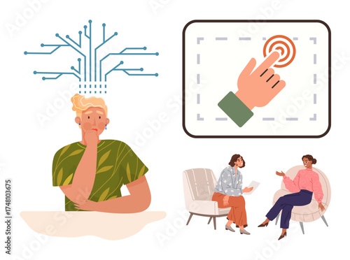Thinker with circuit pattern brain, hand tapping touchscreen, and two women discussing ideas. Ideal for creativity, innovation, design thinking, brainstorming, technology concepts, teamwork or