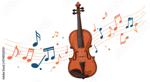 Violin illustration with musical notes flowing on a white background