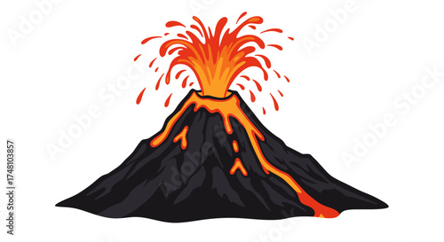 Volcanic eruption illustration with fiery magma and dark mountain silhouette