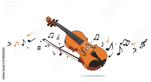 Acoustic Violin with Musical Notes Floating Around it - A Symphony of Sound
