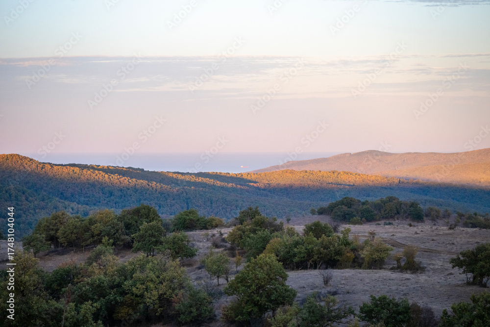 Obraz premium a view of rolling hills and dry grassland under a softly clouded sky,