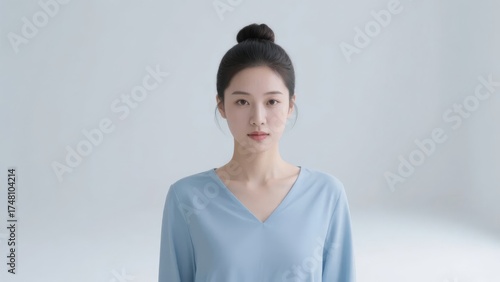 Woman in light blue top with hair tied in bun, standing against a soft gray background
