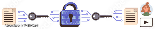 Central lock with binary code, two connected documents, and encryption keys. Ideal for cybersecurity, data protection, privacy, information security, cryptography, digital safety online