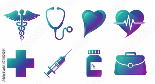 A vibrant collection of modern gradient medical icons, symbolizing essential healthcare, wellness, and health services through key elements like caduceus, stethoscope, heart, syringe, and cross, ideal