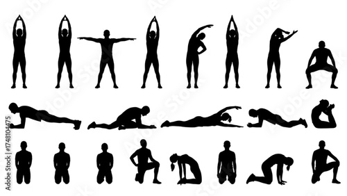 Exercise Silhouette Icon Set – Minimalist Black Human Figures in Yoga, Stretching, and Fitness Workout Poses on White Background